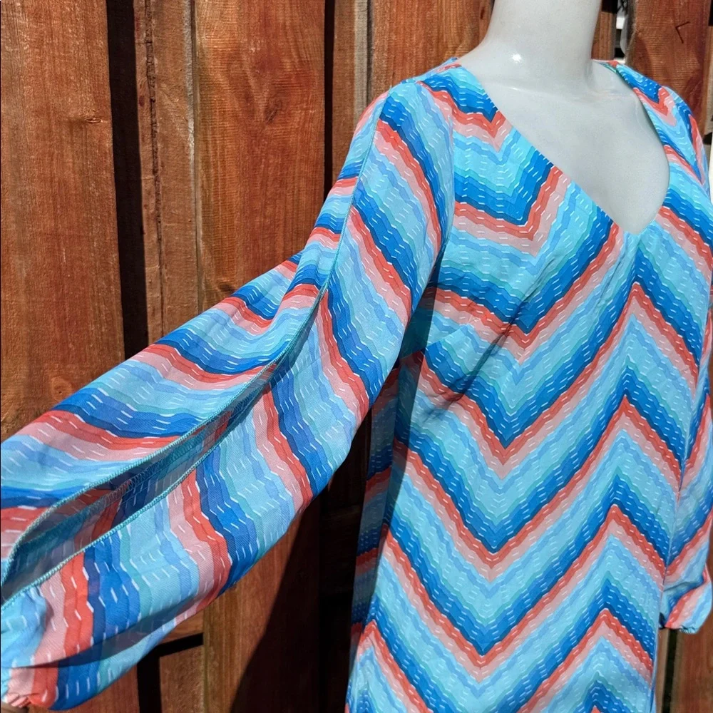 Xtraordinary Blue, Turquoise & Coral Zigzag Long-Sleeve Dress Size M - Picture 3 of 8